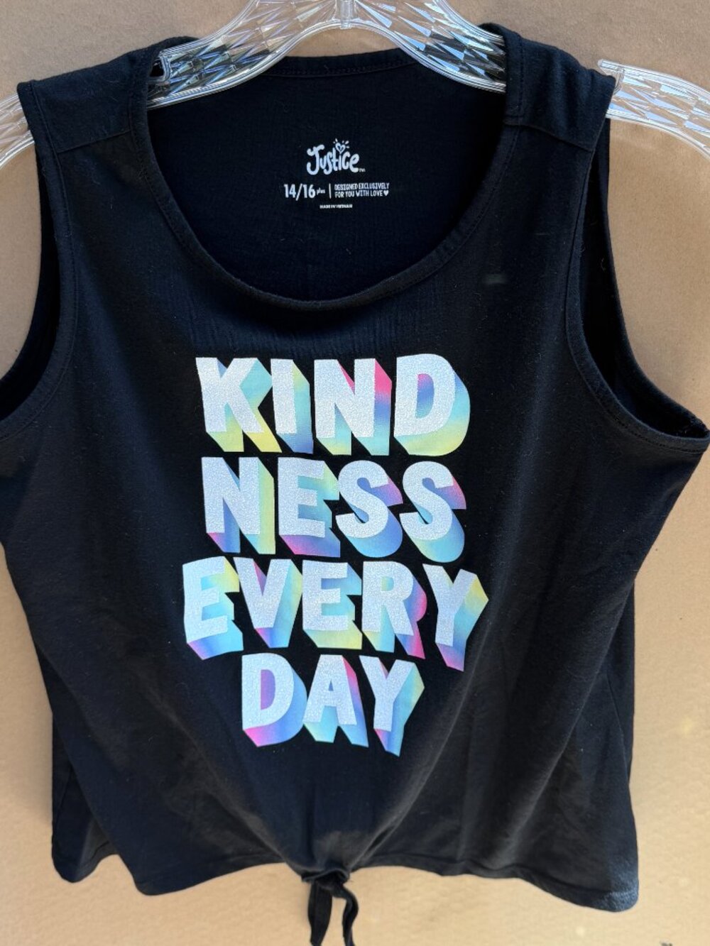 Girls Justice Black Tank Top "KINDNESS EVERY DAY", Size 14/16 Plus